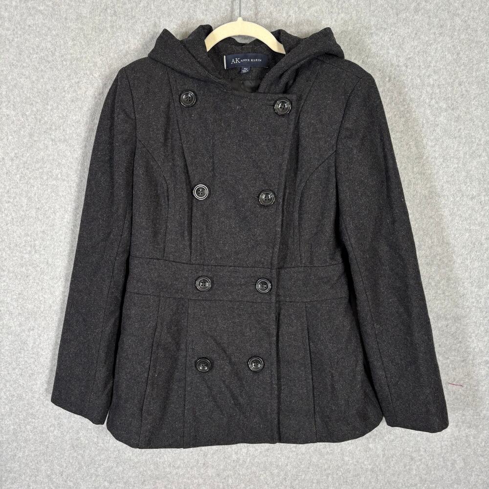 Anne Klein Double Breasted Wool Peacoat Medium Charcoal Hooded Fisherman Pockets